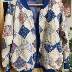 Vintage Handmade Patchwork Quilted Bomber Jacket with Floral Patterns